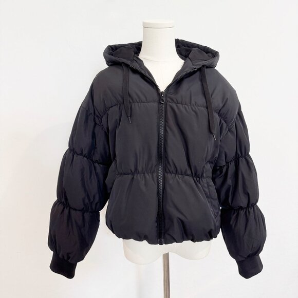 H&M Full Zip Hood Puffer Jacket Winter Minimalist Contemporary Coat Black Small - Picture 1 of 9
